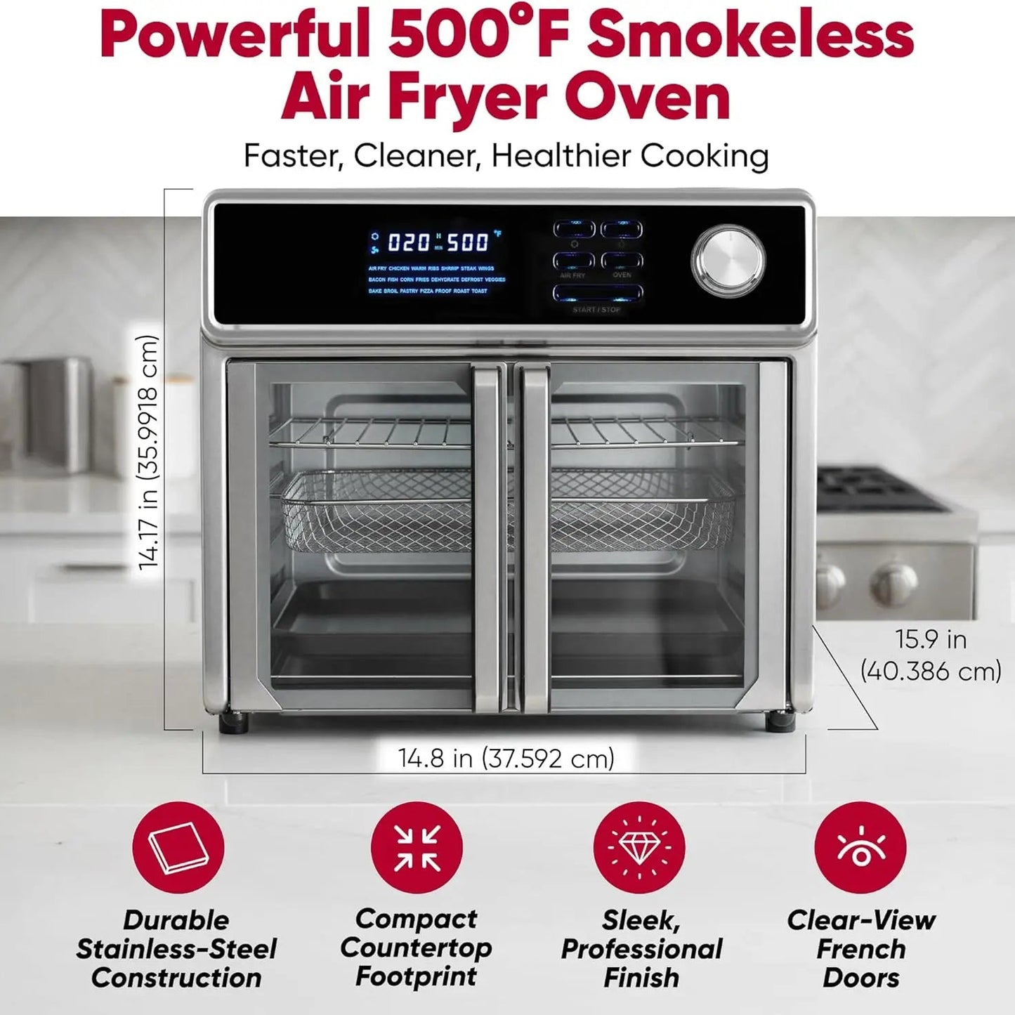 26-Quart Air Fryer Oven | 10-In-1 Stainless Steel Toaster Combo | 1700W 360° Heating